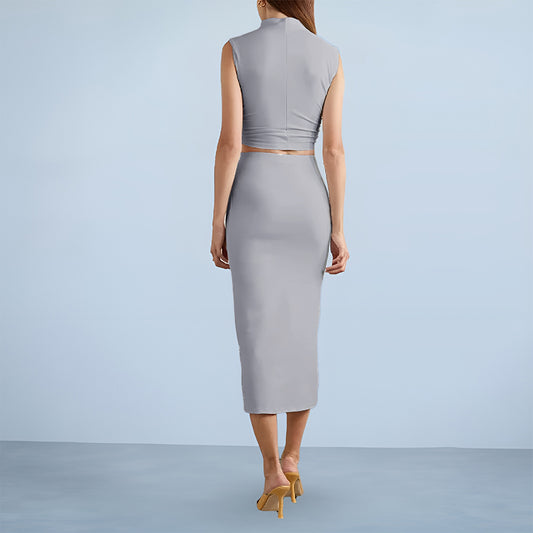 High-Neck Crop Top With Long Pencil Skirt